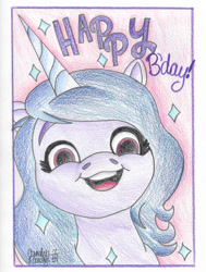 Size: 1024x1352 | Tagged: safe, artist:candyrandy7d, izzy moonbow, pony, unicorn, g5, happy birthday, looking at you, solo