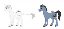 Size: 2095x947 | Tagged: safe, artist:eperyton, oc, oc only, earth pony, pony, unicorn, colored hooves, duo, earth pony oc, horn, leonine tail, signature, simple background, unicorn oc, white background
