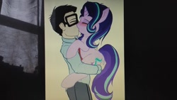 Size: 686x386 | Tagged: artist needed, safe, starlight glimmer, oc, human, pony, unicorn, g4, blushing, butt grab, butt touch, canon x oc, eyes closed, female, grope, human on pony action, interspecies, male, mare, photo, picture of a screen