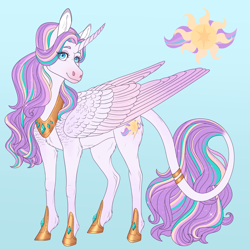 Size: 2640x2640 | Tagged: safe, artist:bluet0ast, oc, oc only, alicorn, pony, alicorn oc, blue background, female, high res, hoof shoes, horn, leonine tail, magical lesbian spawn, mare, offspring, parent:princess celestia, parent:twilight sparkle, parents:twilestia, peytral, simple background, wings