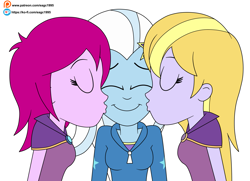 Size: 2527x1825 | Tagged: safe, artist:eagc7, fuchsia blush, lavender lace, trixie, human, equestria girls, g4, cheek kiss, clothes, commission, eyes closed, female, kiss sandwich, kissing, ko-fi, lesbian, ot3, polyamory, shipping, simple background, trio, trixie and the illusions, trixie gets all the mares, trixielaceblush