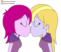 Size: 2148x1825 | Tagged: safe, alternate version, artist:eagc7, fuchsia blush, lavender lace, human, equestria girls, g4, clothes, duo, eyes closed, female, kiss on the lips, kissing, ko-fi, lesbian, shipping, simple background, white background