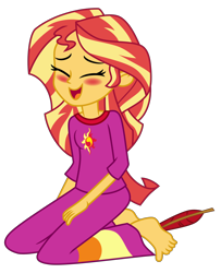 Size: 4944x6096 | Tagged: safe, artist:emeraldblast63, sunset shimmer, equestria girls, g4, barefoot, blushing, clothes, cute, feather, feet, female, fetish, pajamas, shimmerbetes, show accurate, simple background, solo, tickle fetish, tickling, transparent background