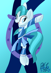 Size: 1750x2500 | Tagged: safe, artist:notadeliciouspotato, lighthoof, earth pony, pony, g4, abstract background, arm warmers, bipedal, cheerleader, cheerleader outfit, chest fluff, clothes, female, gradient background, leg warmers, mare, open mouth, signature, skirt, smiling, solo