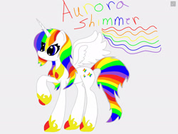 Size: 2048x1536 | Tagged: safe, artist:glassycolors, oc, oc only, oc:aurora shimmer, alicorn, pony, alicorn oc, female, gray background, horn, looking up, mare, multicolored hair, simple background, solo, wings