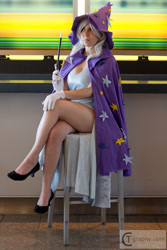 Size: 533x800 | Tagged: safe, trixie, human, g4, anime central, cape, clothes, cosplay, costume, crossed legs, gloves, hat, high heels, irl, irl human, magic wand, photo, shoes, sitting, trixie's cape, trixie's hat