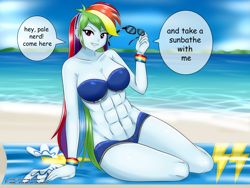 Size: 4000x3000 | Tagged: safe, artist:chuyryu, rainbow dash, equestria girls, g4, abs, beach, belly button, bikini, breasts, busty rainbow dash, cleavage, clothes, dialogue, female, looking at you, muscles, muscular female, rainbuff dash, solo, sunglasses, swimsuit, talking to viewer