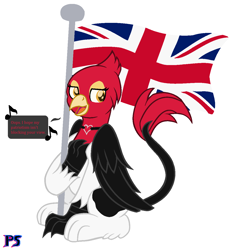 Size: 1184x1268 | Tagged: safe, artist:phoenixperegrine, oc, oc only, oc:genette, griffon, female, flag, simple background, solo, union jack, white background