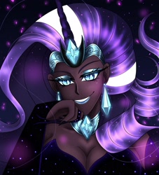 Size: 1976x2176 | Tagged: safe, artist:mscreepyplaguedoctor, idw, nightmare rarity, human, g4, breasts, busty nightmare rarity, cleavage, dark skin, female, grin, hand on cheek, high res, horn, horned humanization, humanized, lidded eyes, smiling, solo