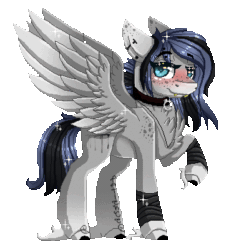 Size: 367x400 | Tagged: safe, artist:inspiredpixels, oc, oc only, oc:kimala, pegasus, pony, animated, bandage, blushing, choker, coat markings, fangs, female, freckles, gif, leg wraps, looking at you, mare, raised hoof, solo, spread wings, wings