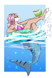 Size: 2281x3401 | Tagged: safe, artist:blackblood-queen, oc, oc only, oc:sandra duskfin, original species, shark, shark pony, anthro, unguligrade anthro, bikini, breasts, clothes, commission, digital art, drink, fangs, female, high res, inflatable, inner tube, mare, misleading thumbnail, raffle prize, shark pony oc, solo, swimsuit, water