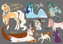 Size: 3310x2335 | Tagged: safe, artist:felinenostalgic, oc, oc:amana, oc:citrus honeysuckle marmalade, oc:dark omen, oc:livewire, oc:majesty, oc:morganite pie, oc:orchard sunlight, oc:pigeon, earth pony, hippogriff, hybrid, pegasus, pony, unicorn, zony, crack ship offspring, ear piercing, earring, female, filly, glasses, gray background, high res, interspecies offspring, jewelry, magical threesome spawn, male, mare, multiple parents, offspring, parent:applejack, parent:capper dapperpaws, parent:cheese sandwich, parent:gabby, parent:gilda, parent:king sombra, parent:marble pie, parent:prince blueblood, parent:sandbar, parent:sassy saddles, parent:sky stinger, parent:svengallop, parent:tempest shadow, parent:trixie, parent:zecora, parents:bluejack, piercing, simple background, stallion, tongue out, tongue piercing