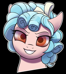Size: 2330x2582 | Tagged: safe, artist:thehuskylord, cozy glow, pegasus, pony, g4, bow, bust, curly hair, evil grin, grin, high res, looking at you, simple background, smiling, smiling at you, solo, transparent background