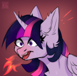 Size: 2192x2160 | Tagged: safe, artist:elektra-gertly, twilight sparkle, alicorn, pony, g4, ear fluff, fire, high res, open mouth, solo, spicy, sweat, sweatdrops, tongue out, twilight sparkle (alicorn)