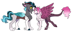 Size: 2732x1197 | Tagged: safe, artist:artistcoolpony, artist:moccabliss, oc, oc only, oc:cinder, oc:mystery, draconequus, hybrid, brother and sister, female, interdimensional siblings, interspecies offspring, leonine tail, male, offspring, parent:discord, parent:princess celestia, parents:dislestia, siblings, simple background, transparent background