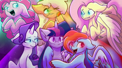 Size: 1920x1080 | Tagged: safe, artist:cookiesmolbean, applejack, fluttershy, pinkie pie, rainbow dash, rarity, twilight sparkle, alicorn, earth pony, pegasus, pony, unicorn, g4, female, glowing eyes, group, hug, mane six, mare, straw in mouth, twilight sparkle (alicorn), unshorn fetlocks, winghug, wings