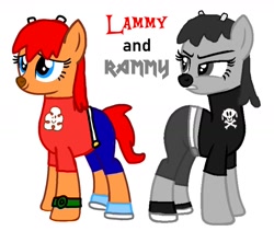 Size: 1740x1472 | Tagged: safe, artist:pagiepoppie12345, earth pony, pony, angry, clothes, duo, duo female, female, flower, generation b, lammy lamb, mare, monochrome, pants, ponified, rammy, shirt, shoes, simple background, smiling, um jammer lammy, watch, white background, wristwatch