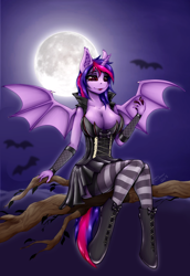 Size: 1080x1570 | Tagged: safe, artist:shamziwhite, oc, oc:violet rose ze vampony, alicorn, bat pony, bat pony alicorn, anthro, apple, bat pony oc, bat wings, big breasts, breasts, cleavage, clothes, evening gloves, fangs, female, food, gloves, goth, horn, latex, long gloves, looking at you, night, not twilight sparkle, sitting, smiling, socks, solo, stockings, striped socks, thigh highs, wings