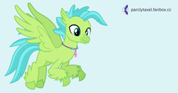 Size: 1200x630 | Tagged: safe, artist:parclytaxel, oc, oc only, oc:bottlegriff, classical hippogriff, hippogriff, blue background, flying, looking down, male, raised claw, simple background, smiling, solo, vector, wip