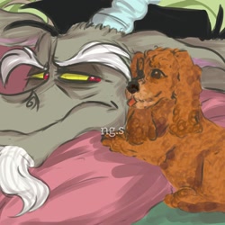 Size: 1080x1080 | Tagged: safe, artist:noodlegoatsimp, discord, dog, draconequus, poodle, g4, drawing, looking at each other, male, pillow, signature, tongue out