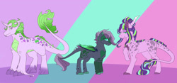 Size: 1306x612 | Tagged: safe, artist:yuyusunshine, oc, oc only, dracony, hybrid, interspecies offspring, magical gay spawn, offspring, parent:rarity, parent:spike, parent:starlight glimmer, parent:thorax, parents:sparity, parents:sparlight, parents:thoraxspike
