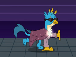 Size: 1280x960 | Tagged: safe, artist:platinumdrop, gallus, griffon, g4, brooch, cape, clothes, dancing, glowing, jewelry, light up, male, request, solo, sparkles, sunglasses