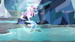 Size: 1920x1080 | Tagged: safe, screencap, silverstream, seapony (g4), g4, what lies beneath, female, frown, midair, nightmare cave, silverstream is not amused, solo, transformation, unamused, water