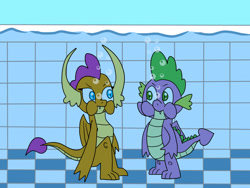Size: 1280x960 | Tagged: safe, artist:platinumdrop, smolder, spike, dragon, g4, bubble, duo, female, male, puffy cheeks, request, swimming pool, underwater, water, winged spike, wings