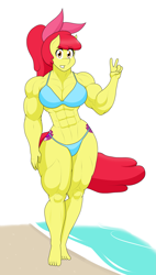Size: 1529x2693 | Tagged: safe, artist:matchstickman, apple bloom, earth pony, anthro, plantigrade anthro, matchstickman's apple brawn series, tumblr:where the apple blossoms, g4, abs, apple bloom's bow, apple brawn, beach, biceps, bikini, bodybuilder, both cutie marks, bow, breasts, busty apple bloom, clothes, deltoids, female, hair bow, looking at you, mare, muscles, no dialogue, older, older apple bloom, peace sign, pecs, simple background, solo, swimsuit, the cmc's cutie marks, thighs, thunder thighs, tumblr comic, white background