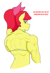 Size: 1517x2187 | Tagged: safe, artist:matchstickman, apple bloom, earth pony, anthro, matchstickman's apple brawn series, tumblr:where the apple blossoms, g4, apple bloom's bow, apple brawn, back muscles, bikini, bodybuilder, bow, buff, clothes, deltoids, dialogue, female, hair bow, mare, muscles, muscular female, older, older apple bloom, simple background, solo, swimsuit, tomboy, triceps, tumblr comic, white background