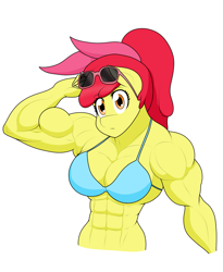 Size: 1703x2077 | Tagged: safe, artist:matchstickman, apple bloom, earth pony, anthro, matchstickman's apple brawn series, tumblr:where the apple blossoms, g4, abs, apple bloom's bow, apple brawn, armpits, biceps, bikini, bodybuilder, bow, breasts, busty apple bloom, clothes, deltoids, female, hair bow, looking at you, mare, muscles, muscular female, no dialogue, older, older apple bloom, pecs, simple background, solo, sunglasses, sunglasses on head, swimsuit, tumblr comic, white background