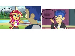 Size: 960x720 | Tagged: safe, artist:mrmrmacaroni, edit, edited screencap, screencap, flash sentry, sunset shimmer, a banner day, equestria girls, g4, my little pony equestria girls: legend of everfree, comic, female, male, screencap comic, ship:flashimmer, shipping, straight
