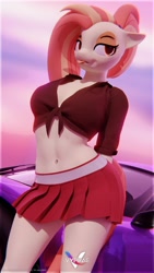 Size: 2160x3840 | Tagged: safe, artist:vyprae, shimmy shake, pegasus, anthro, g4, 3d, :p, arm behind back, belly button, breasts, busty shimmy shake, car, clothes, female, high res, shirt, skirt, solo, source filmmaker, tail, thighs, tongue out, vehicle, wide hips