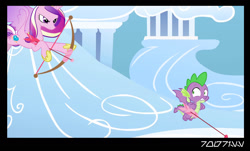 Size: 1288x778 | Tagged: safe, edit, edited screencap, editor:teren rogriss, screencap, princess cadance, spike, alicorn, dragon, pony, dragon dropped, g4, sonic rainboom (episode), arrow, bow (weapon), flying, winged spike, wings