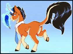 Size: 1024x756 | Tagged: safe, artist:wolfs42, oc, oc:sol sunset, classical unicorn, pony, unicorn, butt, clothes, cloven hooves, colored horn, handsome, horn, lawyer, leonine tail, magic, magic aura, male, necktie, plot, quill, quill pen, sassy, solo, stallion, tail, telekinesis, unicorn oc, unshorn fetlocks