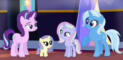 Size: 3132x1544 | Tagged: safe, artist:sunset'stime, starlight glimmer, trixie, oc, oc:cosmic star, oc:radiant blaze, pony, unicorn, g4, adopted daughter, adopted offspring, base used, family, family photo, female, filly, lesbian, magical lesbian spawn, mare, next generation, nextgen:sunverse, offspring, older, older starlight glimmer, older trixie, original character do not steal, parent:starlight glimmer, parent:trixie, parents:startrix, ship:startrix, shipping, twilight's castle