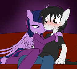 Size: 1037x932 | Tagged: safe, artist:sandwich-anomaly, twilight sparkle, oc, oc:nightwish, alicorn, pony, anthro, g4, bedroom eyes, blushing, breasts, canon x oc, clothes, couch, digital art, duo, eyelashes, feet, female, fingers, furniture, horn, hug, male, narrowed eyes, pajamas, seductive, self insert, simple background, sitting, smiling, spread wings, teeth, toes, twilight sparkle (alicorn), wings