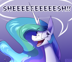 Size: 3500x3000 | Tagged: safe, artist:celes-969, princess celestia, alicorn, pony, g4, derp, fanart, high res, majestic as fuck, meme, open mouth, sheesh, solo, wall eyed