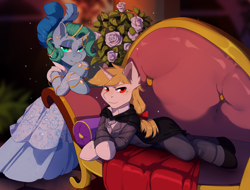 Size: 1578x1200 | Tagged: safe, artist:hakkids2, oc, oc only, oc:clear diamond, oc:regal inkwell, pony, unicorn, aristocrat, cape, clothes, dress, duo, fainting couch, female, husband and wife, male, nobility, smug, straight, suit