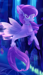 Size: 1021x1762 | Tagged: safe, artist:rosyh9, oc, oc only, seapony (g4), base used, coral, dorsal fin, facial markings, female, fin wings, fins, flowing mane, flowing tail, jewelry, looking at you, necklace, ocean, pale belly, purple eyes, seaquestria, smiling, solo, tail, underwater, water, wings