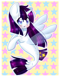 Size: 2162x2773 | Tagged: safe, artist:twily-star, oc, oc only, alicorn, pony, seapony (g4), blue eyes, blushing, clothes, deviantart watermark, dorsal fin, female, fin wings, fish tail, high res, horn, obtrusive watermark, open mouth, purple mane, seaponified, see-through, solo, species swap, tail, watermark, wingding eyes, wings