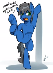 Size: 1912x2608 | Tagged: safe, artist:buckweiser, oc, oc only, oc:buckminster, earth pony, pony, annoyed look, belly button, bipedal, bipedal leaning, collarbone, featureless crotch, holding leg, i pose, leaning, leaning on wall, male, pain, pose, ribcage, solo, stallion, standing, standing on one leg, two toned mane, two toned tail