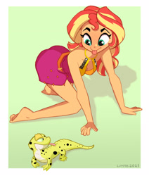 Size: 2572x3038 | Tagged: safe, artist:lummh, ray, sunset shimmer, gecko, leopard gecko, lizard, equestria girls, g4, :p, ass, bare shoulders, barefoot, behaving like a lizard, breasts, butt, cleavage, cute, duo, feet, female, high res, human coloration, male, mlem, shimmerbetes, silly, sleeveless, tongue out