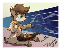 Size: 3692x3000 | Tagged: source needed, useless source url, safe, artist:buckweiser, oc, oc only, oc:echo, deer, birthday gift, female, high res, lap steel guitar, playing instrument