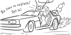 Size: 2000x1000 | Tagged: safe, artist:pizzamovies, oc, oc only, oc:pizzamovies, pony, back to the future, car, delorean, dialogue, looking at you, male, simple background, solo, stallion, vehicle, white background