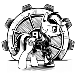 Size: 3032x2920 | Tagged: safe, artist:lexx2dot0, oc, oc only, oc:blackjack, pony, unicorn, fallout equestria, fallout equestria: project horizons, series:ph together we reread, black and white, clothes, fanfic art, female, grayscale, high res, horn, jumpsuit, mare, monochrome, pipbuck, small horn, solo, unicorn oc, vault, vault security armor, vault suit