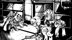 Size: 4252x2364 | Tagged: safe, artist:lexx2dot0, oc, oc only, oc:blackjack, oc:p-21, earth pony, pony, unicorn, fallout equestria, fallout equestria: project horizons, series:ph together we reread, black and white, butt, clothes, fanfic art, grayscale, horn, injured, jumpsuit, monochrome, pipbuck, plot, small horn, vault, vault security armor, vault suit