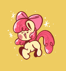 Size: 668x715 | Tagged: safe, artist:typhwosion, apple bloom, earth pony, pony, g4, blush sticker, blushing, bow, chibi, female, filly, hair bow, simple background, solo, sparkles, yellow background
