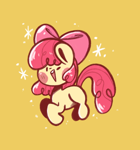 Size: 668x715 | Tagged: safe, artist:typhwosion, apple bloom, earth pony, pony, blush sticker, blushing, bow, chibi, female, filly, hair bow, simple background, solo, sparkles, yellow background