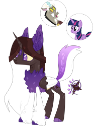 Size: 2562x3323 | Tagged: safe, artist:lilywolfpie, discord, twilight sparkle, oc, alicorn, hybrid, pony, g4, high res, interspecies offspring, offspring, parent:discord, parent:twilight sparkle, parents:discolight, simple background, transparent background, twilight sparkle (alicorn), two toned wings, wings